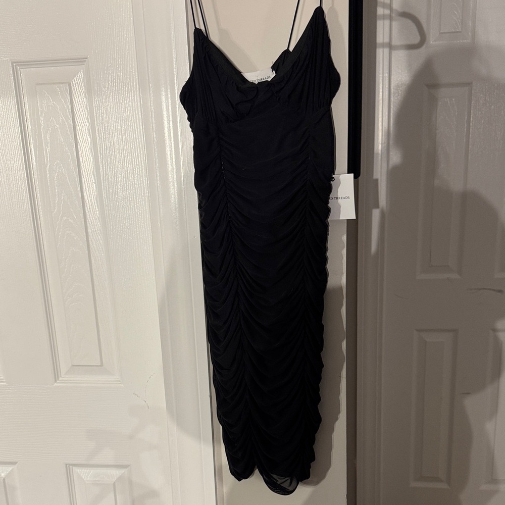 painted threads Black Ruched Midi Slip Dress with Spaghetti Straps